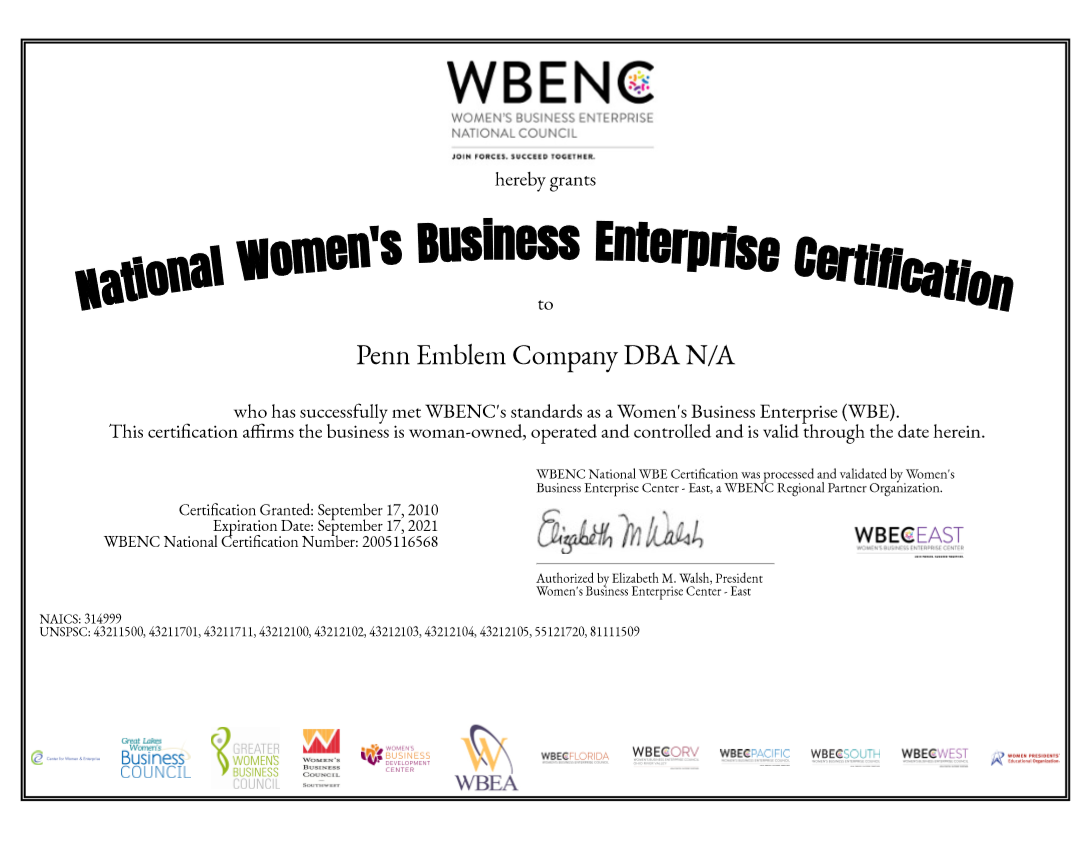 blog - Penn Emblem Receives WBENC  Recertification for 2020-2021